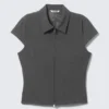 Fitted Short-Sleeved Zip Top – Dark Grey Melange