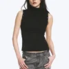 Fitted Snap-Button Mock-Neck Top – Black