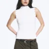 Fitted Snap-Button Mock-Neck Top – White