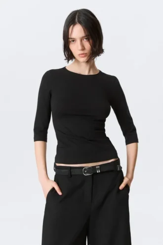 Fitted Three-Quarter Sleeve Top – Black