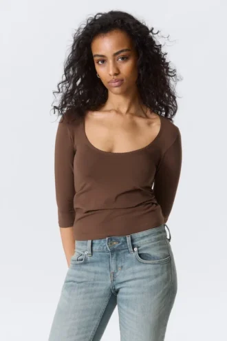 Fitted Three-Quarter Sleeve Top – Dark Brown