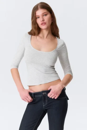 Fitted Three-Quarter Sleeve Top – Grey Melange