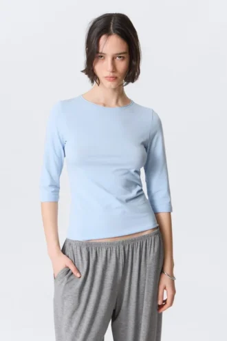 Fitted Three-Quarter Sleeve Top – Light Blue