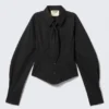 Fitted Tie Detail Poplin Shirt – Black