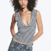 Fitted V-Neck Sleeveless Top – Black/White Stripe