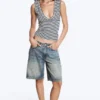 Fitted V-Neck Sleeveless Top – Black/White Stripe