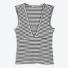 Fitted V-Neck Sleeveless Top – Black/White Stripe