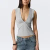 Fitted V-Neck Sleeveless Top – Light Grey Melange