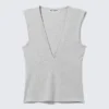Fitted V-Neck Sleeveless Top – Light Grey Melange