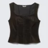 Fitted Washed Velvet Hook-And-Eye Top – Dark Brown