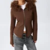 Fitted Zip Hoodie with Faux-Fur Trim – Brown