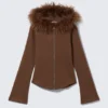 Fitted Zip Hoodie with Faux-Fur Trim – Brown