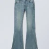 Flame Low Rise Slim Flared Leg Twist Jeans – Turquoise Dust – Medium Blue