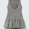 Flared Boat-Neck Mini Twill Dress – Washed Grey