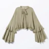 Flared Frill-Sleeved Tie-Neck Blouse – Khaki Green