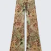 Flared Printed Mesh Trousers – Brown & Green – Floral Dots