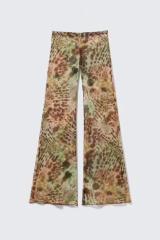 Flared Printed Mesh Trousers – Brown & Green – Floral Dots