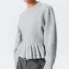 Flounced Hem Knitted Sweater – Grey Melange
