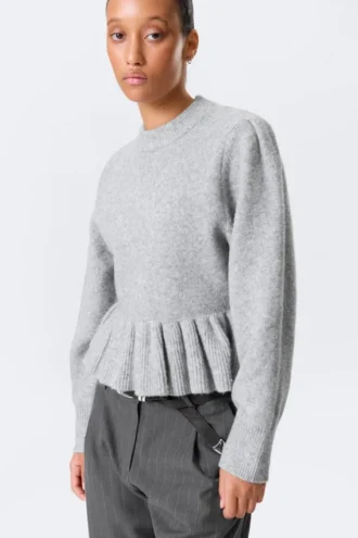 Flounced Hem Knitted Sweater – Grey Melange