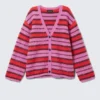 Fluffy Knit Cardigan – Pink & Red Stripe