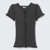 Frill-Edge Ribbed Knitted Top – Dark Grey