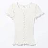 Frill-Edge Ribbed Knitted Top – White