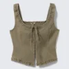 Frill-Trim Twill Corset Top – Khaki Green
