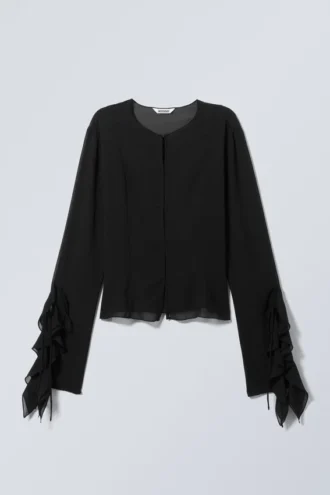 Frilled Long-Sleeved Blouse – Black