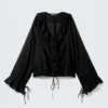 Frilled Long-Sleeved Wrap Blouse – Black