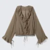 Frilled Long-Sleeved Wrap Blouse – Brown