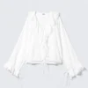 Frilled Long-Sleeved Wrap Blouse – White