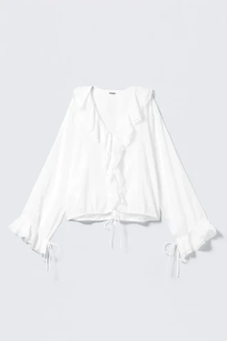 Frilled Long-Sleeved Wrap Blouse – White