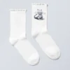 Frilled Printed Socks – White – Cat Print