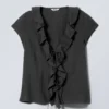 Frilled Tie-Front Top – Dark Grey