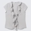 Frilled Tie-Front Top – Light Grey