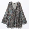 Frilled V-Neck Mini Dress – Leopard-Paisly Pattern