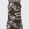 Gathered Jersey Mini Dress – Dark Brown – Abstract Floral