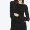Gathered Long-Sleeved Boat-Neck Mini Dress – Black – Rhinestones