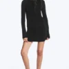 Gathered Long-Sleeved Boat-Neck Mini Dress – Black – Rhinestones