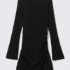 Gathered Long-Sleeved Boat-Neck Mini Dress – Black – Rhinestones