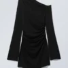 Gathered Mini Long Sleeve Dress – Black