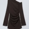 Gathered Mini Long Sleeve Dress – Dark Brown