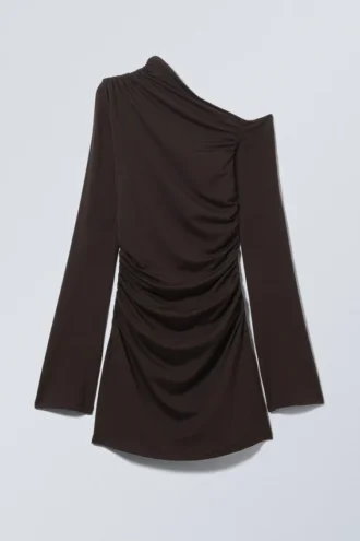 Gathered Mini Long Sleeve Dress – Dark Brown