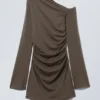 Gathered Mini Long Sleeve Dress – Dark Brown