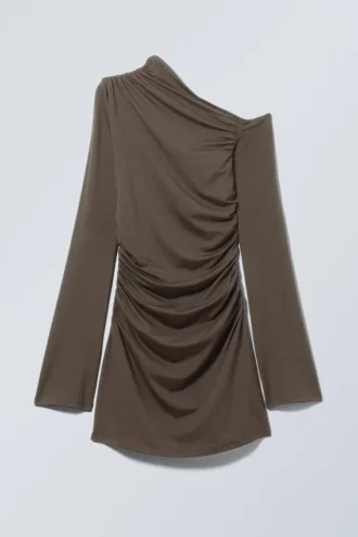 Gathered Mini Long Sleeve Dress – Dark Brown