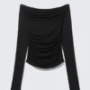 Gathered Off-Shoulder Long-Sleeved Top – Black