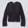 Gathered Poplin V-Neck Shirt – Black