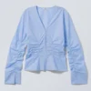 Gathered Poplin V-Neck Shirt – Light Blue