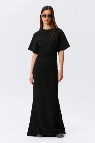 Gathered Short-Sleeved Maxi Dress – Black