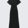 Gathered Short-Sleeved Maxi Dress – Black
